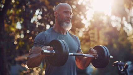 Athletic bald man lifting weights in an outdoor setting, demonstrating fitness, strength, and determination. AIG58