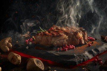 A steak with smoke billowing out sits on a black surface with spices and seasonings around it