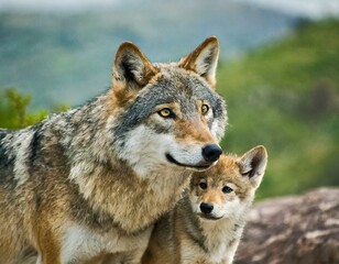 Obraz premium Wolf mit Baby in der Wildniss 