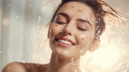 Smiling woman with closed eyes and water droplets on her face in a beige background