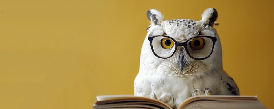 A funny white polar owl with glasses and a book on a yellow background. World Book Dae. Cute character for promotional products, banners, posters, postcards..National Book Lovers Day. Copy space.