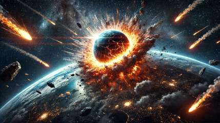 Realistic depiction of Earth being destroyed by a massive asteroid impact, featuring a dramatic explosion, fiery destruction, and debris scattering into space. The scene is set against a starry space 