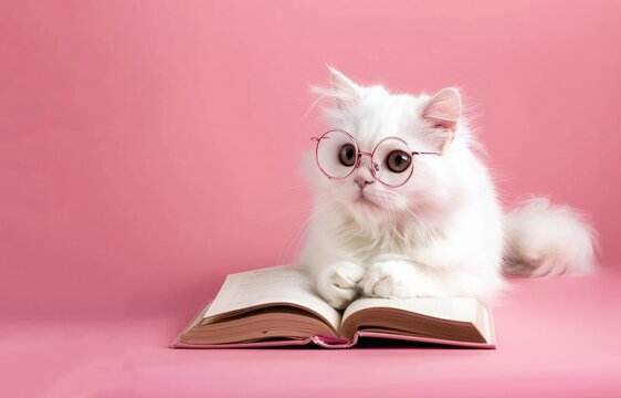A funny white cat with glasses and a book on a pink background. World Book Dae. Cute character for promotional products, banners, posters, postcards..National Book Lovers Day. Copy space.