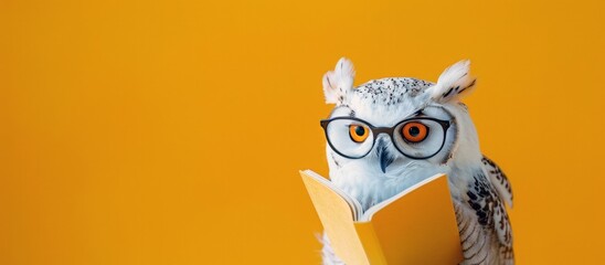 A funny white polar owl with glasses and a book on a yellow background. World Book Dae. Cute character for promotional products, banners, posters, postcards..National Book Lovers Day. Copy space.