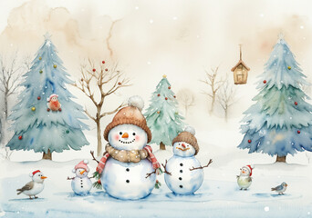 Obraz premium Snowmen in Knitted Hats, Cute Watercolor Christmas Illustration 