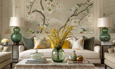 Living Room Design Interior. Close-up Coffee Table with Vase with Flowers and Home Decor. Decoration with bouquets, lamps, pillows. Floral wallpaper. Provence, neoclassic, french style