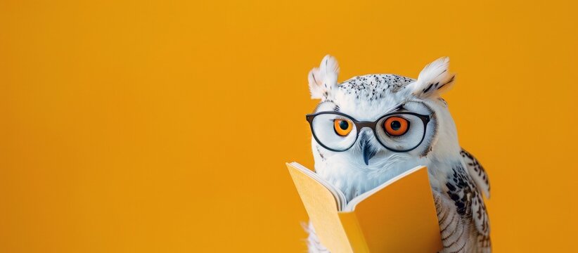 A funny white polar owl with glasses and a book on a yellow background. World Book Dae. Cute character for promotional products, banners, posters, postcards..National Book Lovers Day. Copy space. - Powered by Adobe