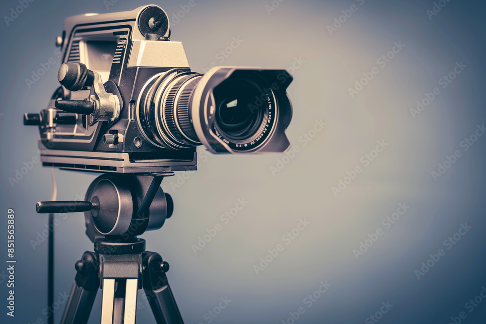 Wall mural a vintage video camera on a tripod, in front of a cream colored background.