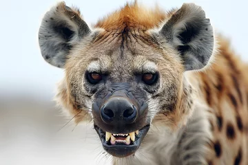  Closeup head shot of angry hyena face isolated on white background © Oksana