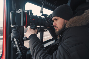 A man wearing a black hat and coat is inside a bus, holding a camera on a tripod.