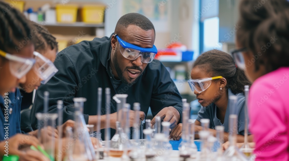 Poster a fun event is taking place in a lab where a group of children are conducting a science experiment, 