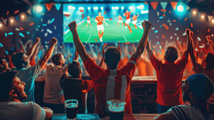 Fans in a sports bar celebrating a goal, with raised hands and vibrant atmosphere.