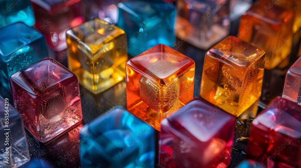 Poster a collection of multiple colorful glass cubes, some in focus, with a captivating bokeh background ef