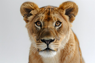 Fototapeta premium Closeup head shot of lion face isolated on white background