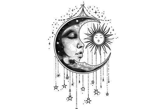 Artistic drawing of a woman with sun and moon face symbols, beauty and mysticism theme