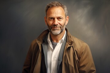 Obraz premium Portrait of a satisfied man in his 50s wearing a chic cardigan on plain white digital canvas