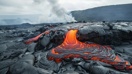 A lava flow is seen in the distance, with smoke and ash rising from the ground