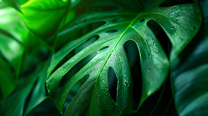 Close up of monstera leaf with water drops on it tropical plant background