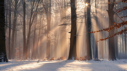 A beautiful winter forest with rays of sunlight shining through the trees snow covering the ground and a hint of orange in some leaves