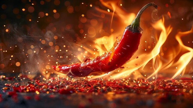 Intense image of a red chili pepper on fire, capturing the concept of spiciness and heat