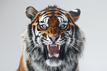 Fototapeta premium Closeup head shot of angry tiger face isolated on white background