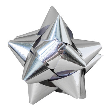 Decorative silver shiny paper ribbon, complement for gifts and surprise packages. Isolated on PNG transparent background. Graphic resource.