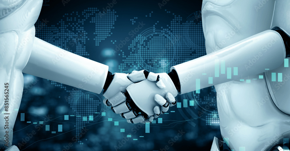 Poster mlp 3d illustration hominoid robot handshake with stock market trading chart showing buy and sell de