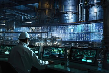 Project manager or scientist planning for researching while looking at monitor. Professional chemical engineer working and looking at industrial experimental result at laboratory at factory. AIG42.