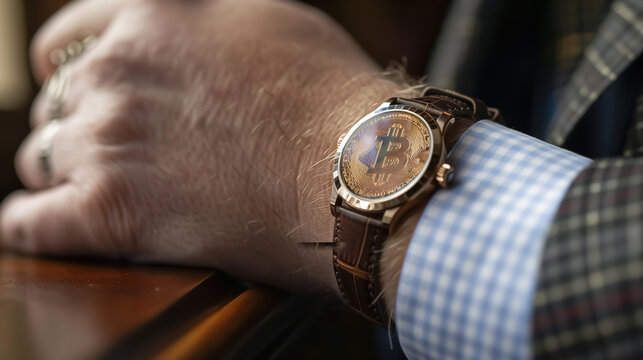 A wristwatch with a bitcoin coin instead of a dial, a watch on the arm of a businessman - Powered by Adobe