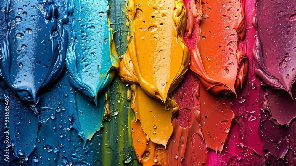 Aufkleber a close-up view of colorful paint streaks with water droplets creating a textured background