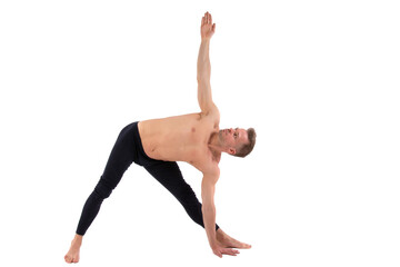Naklejka premium A young attractive man is doing yoga. White background.