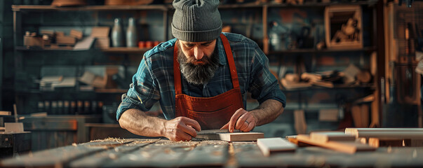 A carpenter carefully measuring and cutting wood in a carpentry workshop.