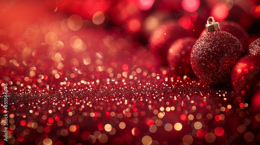Poster festive image of sparkling red christmas baubles with a soft bokeh background