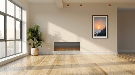 A light room with a sleek modern fireplace and a wall-mounted digital art frame