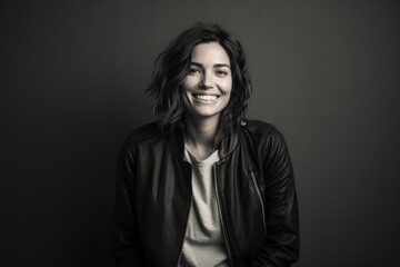 Obraz premium Portrait of a grinning woman in her 30s wearing a trendy bomber jacket over bare monochromatic room
