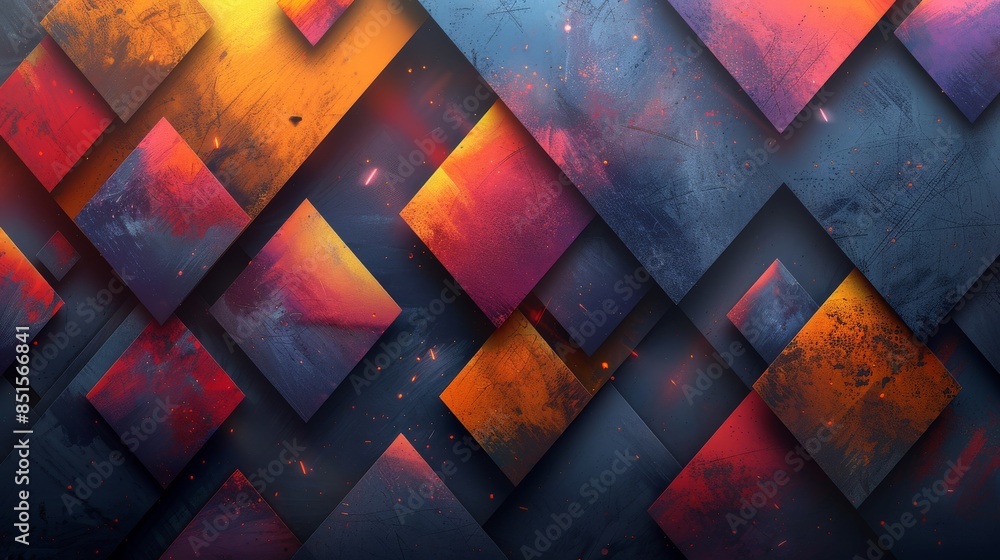 Poster an abstract composition of painted squares in a diagonal arrangement on a textured blue background w