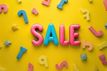 Naklejka premium Colorful plastic letters spelling the word sale on yellow background 3d for business and marketing concept