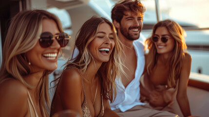 Fototapeta premium A group of people are smiling and laughing on a boat
