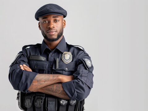 Medium shot of Man wearing Security guard uniform. This piece has been captured shot on kodak ektar