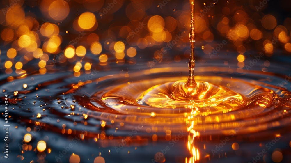Aufkleber a close-up image capturing the moment a golden water droplet impacts the surface, creating symmetric