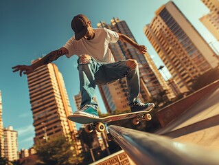 Skateboarding grind on rail, dynamic action, city backdrop, vibrant scene, realistic photo, Full HD,