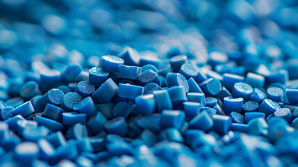 Plastik Granulat in blau, Ein Haufen mit Kunststoffgranulat, PA6, ASA, PP, Glasfaser, hell blaues Kunststoffgranulat zur Produktvorstellung, Kunststofftechnik, Spritzgusstechnik, 3D Druck