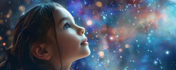 A child's face full of wonder as they gaze up at the stars.