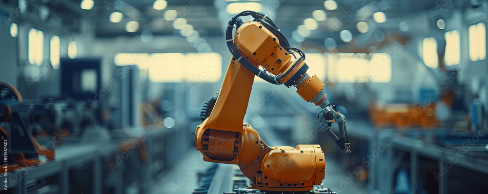 Poster a robot arm assembling a complex piece of machinery, its movements precise and efficient.