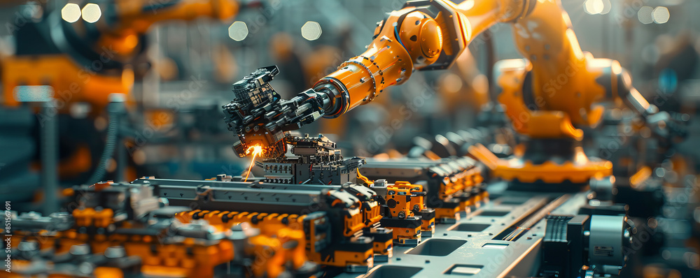 Poster a robot arm assembling a complex piece of machinery, its movements precise and efficient.