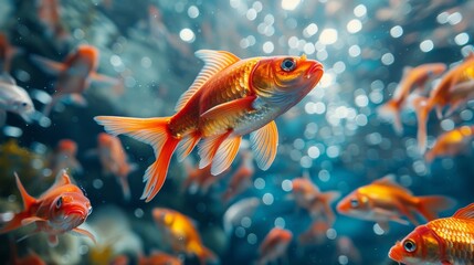 Fototapeta premium A shoal of orange goldfish engulfed in bubbles in deep blue water