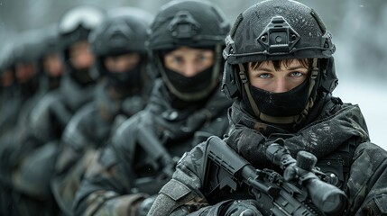 An elite unit of soldiers wearing winter camouflage and tactical gear with faces blurred for privacy