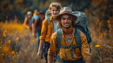 Cheerful young hiker leading a group adventure through a field filled with autumn colors
