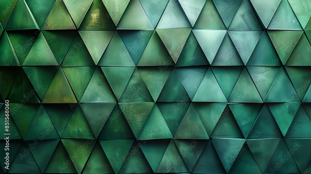 Poster an aesthetic full-frame shot of geometric triangular shapes in varied shades of green with a texture