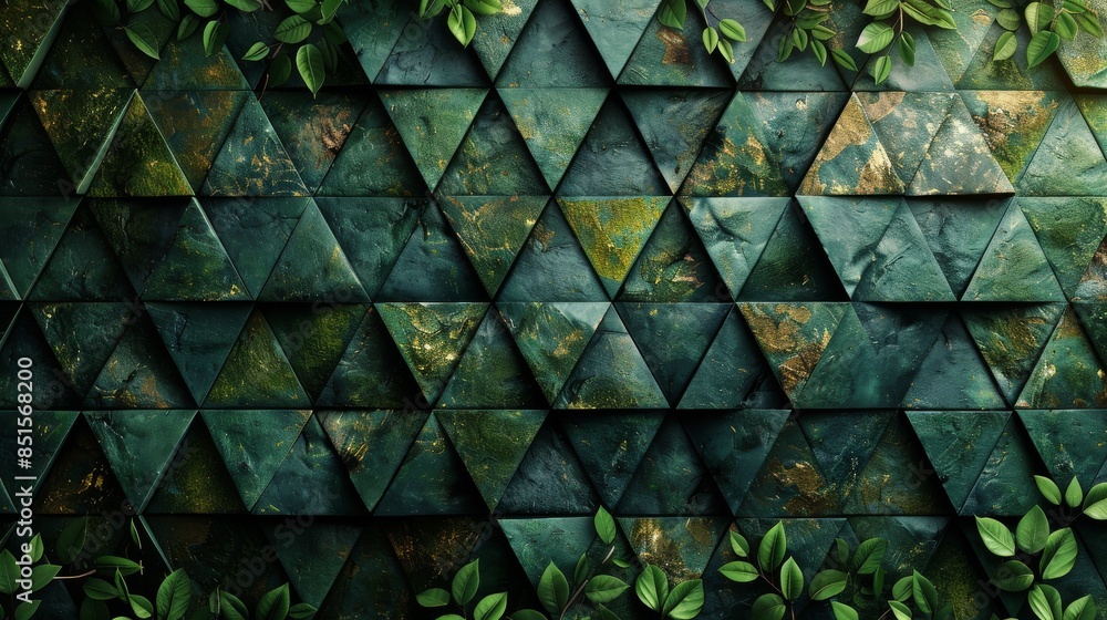 Poster artistically arranged triangular green leaf pattern with golden accents on a textured background